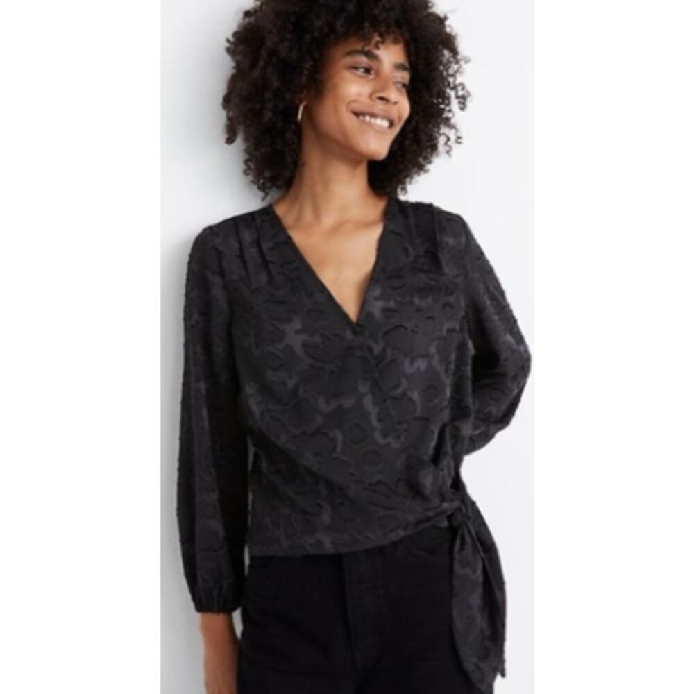 Madewell Black Textured V-Neck Wrap Blouse